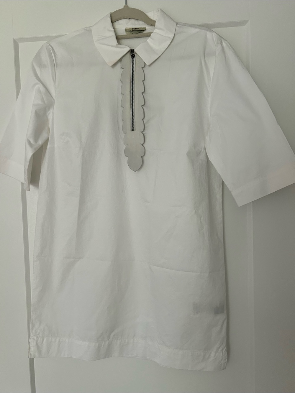 Fendi White Short-Sleeve Polo with Scalloped Zip Placket